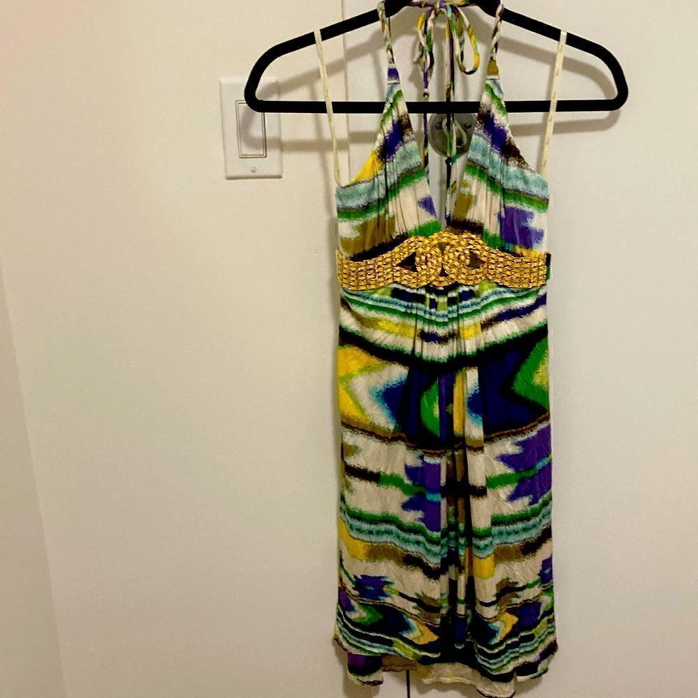 Sky Halter embellished Mini Dress. Yellow/purple/green Abstract Print. Size XS.